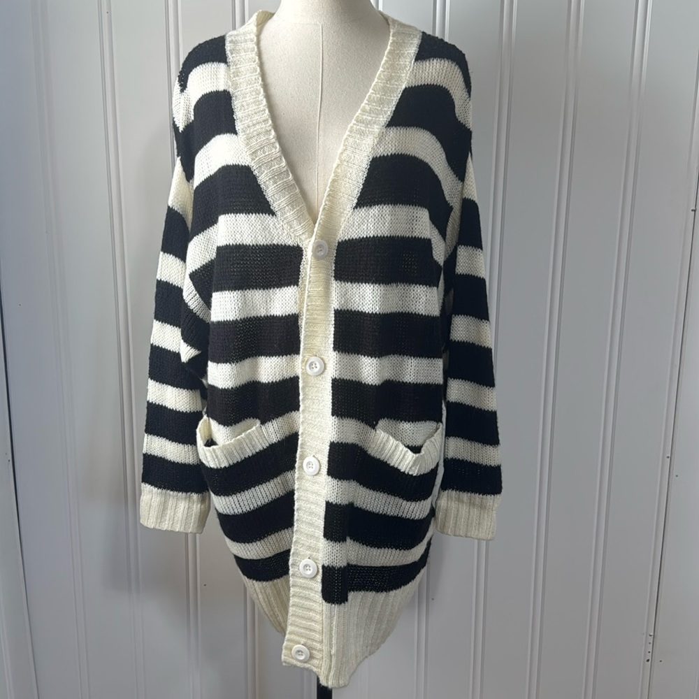 Striped V-Neck Button Front Sweater Cardigan - Black & Cream